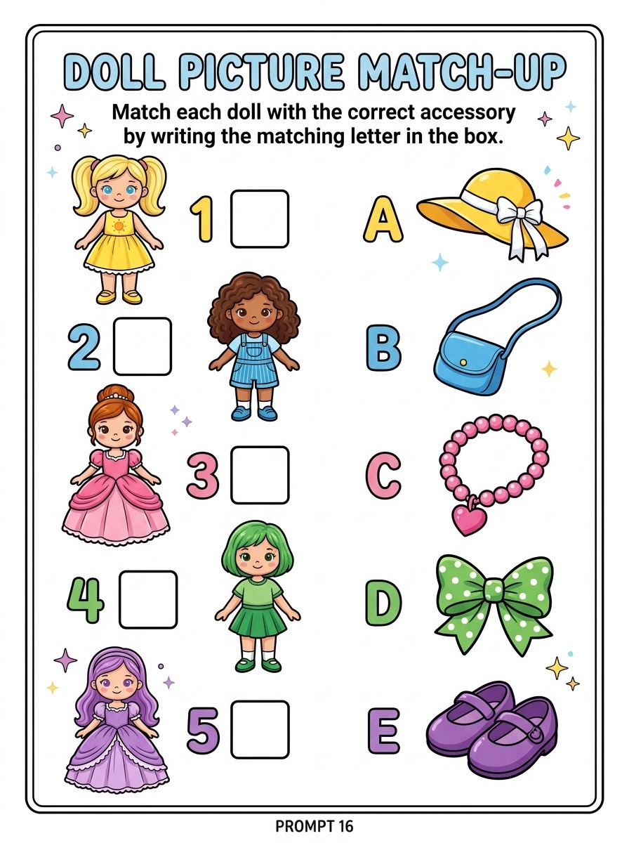 Doll Picture Match-Up — picture matching activity with illustrated doll characters and accessories